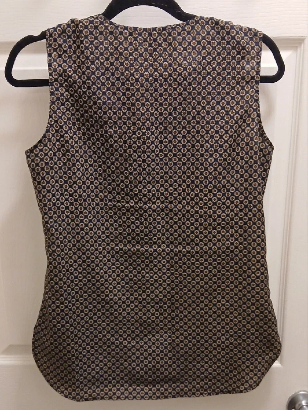 Michael Kors Navy and Cream Geometric Sleeveless Blouse with Gold Accent